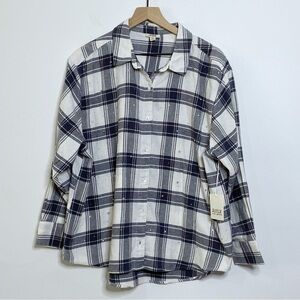 ANA White Grey Bling Plaid Oversized Flannel Button Up Shirt - Petite Large
